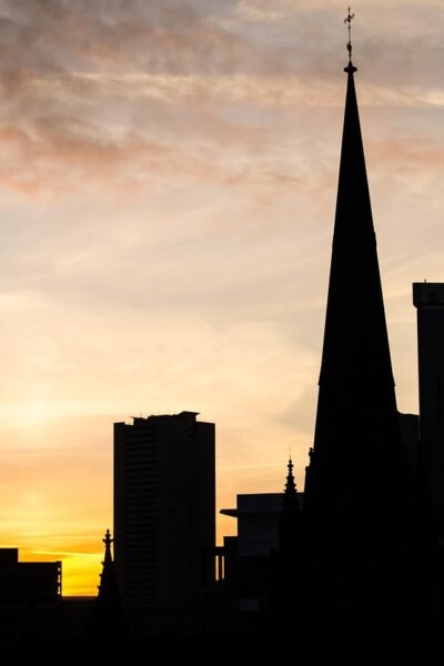bull ring, sunset, birmingham, united kingdom, buildings, city, nature, urban, night, dusk, landmark, silhouette